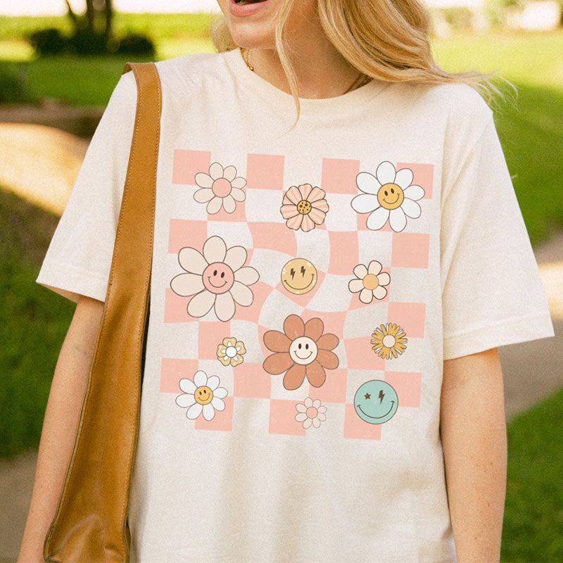 Checkered Smiley Flowers T-Shirt