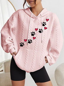Women Puppy Paw Print Heart Print Cable Hoodie