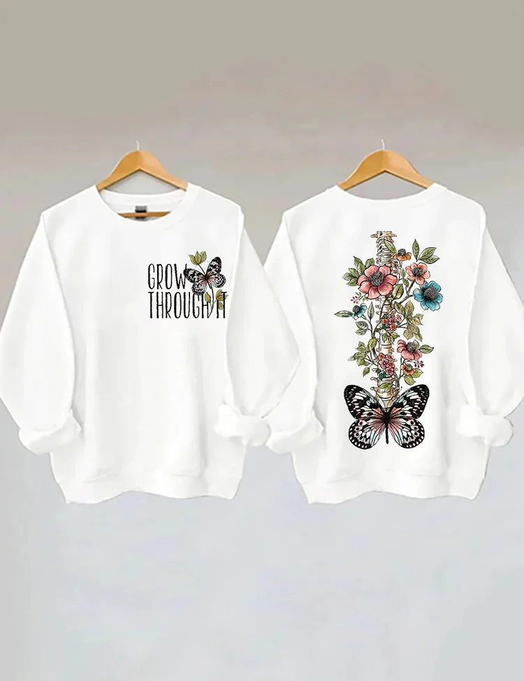 Grow Through It Sweatshirt mit Blumen- und Schmetterlingsmuster