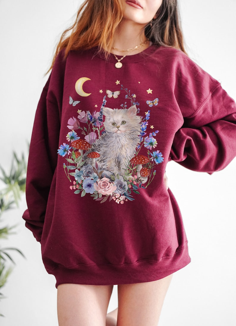 Vintage Cat Sweater Cottagecore Floral Aesthetic Sweatshirt