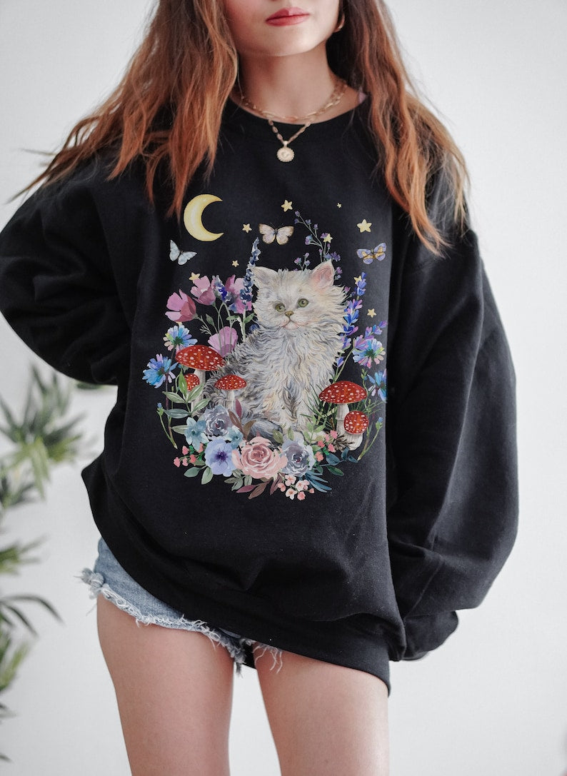 Vintage Katzenpullover Cottagecore Floral Ästhetisches Sweatshirt 