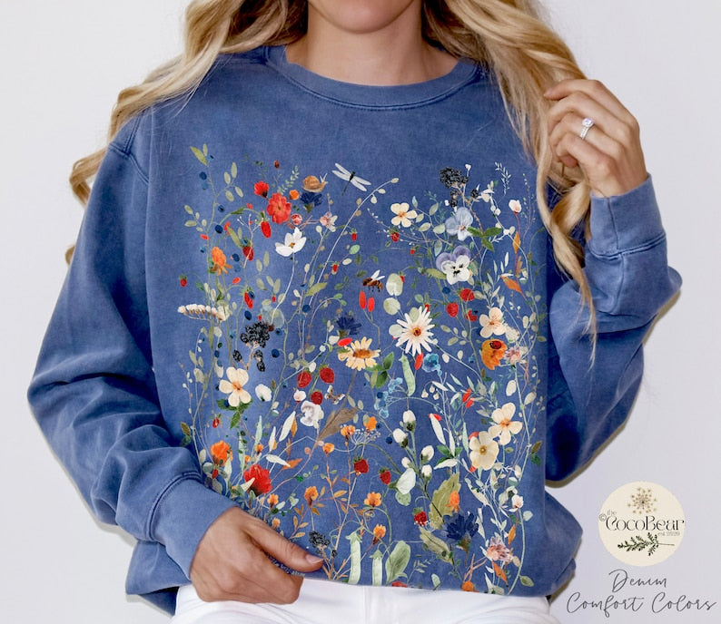 Vintage Pressed Flowers Comfort Colors  Wildflowers Sweatshirt