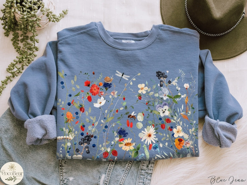 Vintage Pressed Flowers Comfort Colors  Wildflowers Sweatshirt