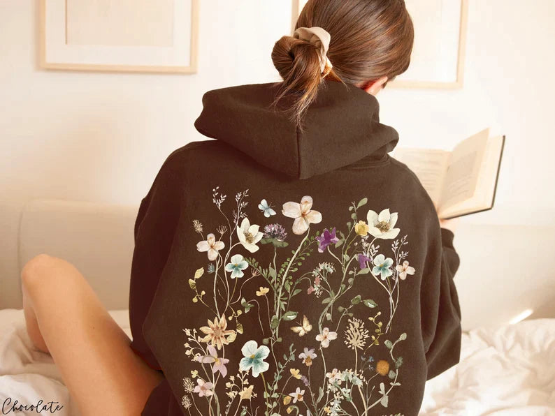 Retro-Wildblumen-Hoodie mit Rundhalsausschnitt im böhmischen Stil